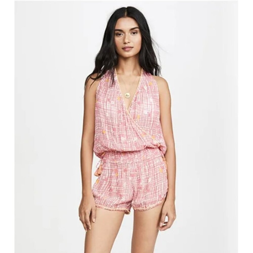 NWT Poupette St. Barth pink maze print Elsie pom pom romper